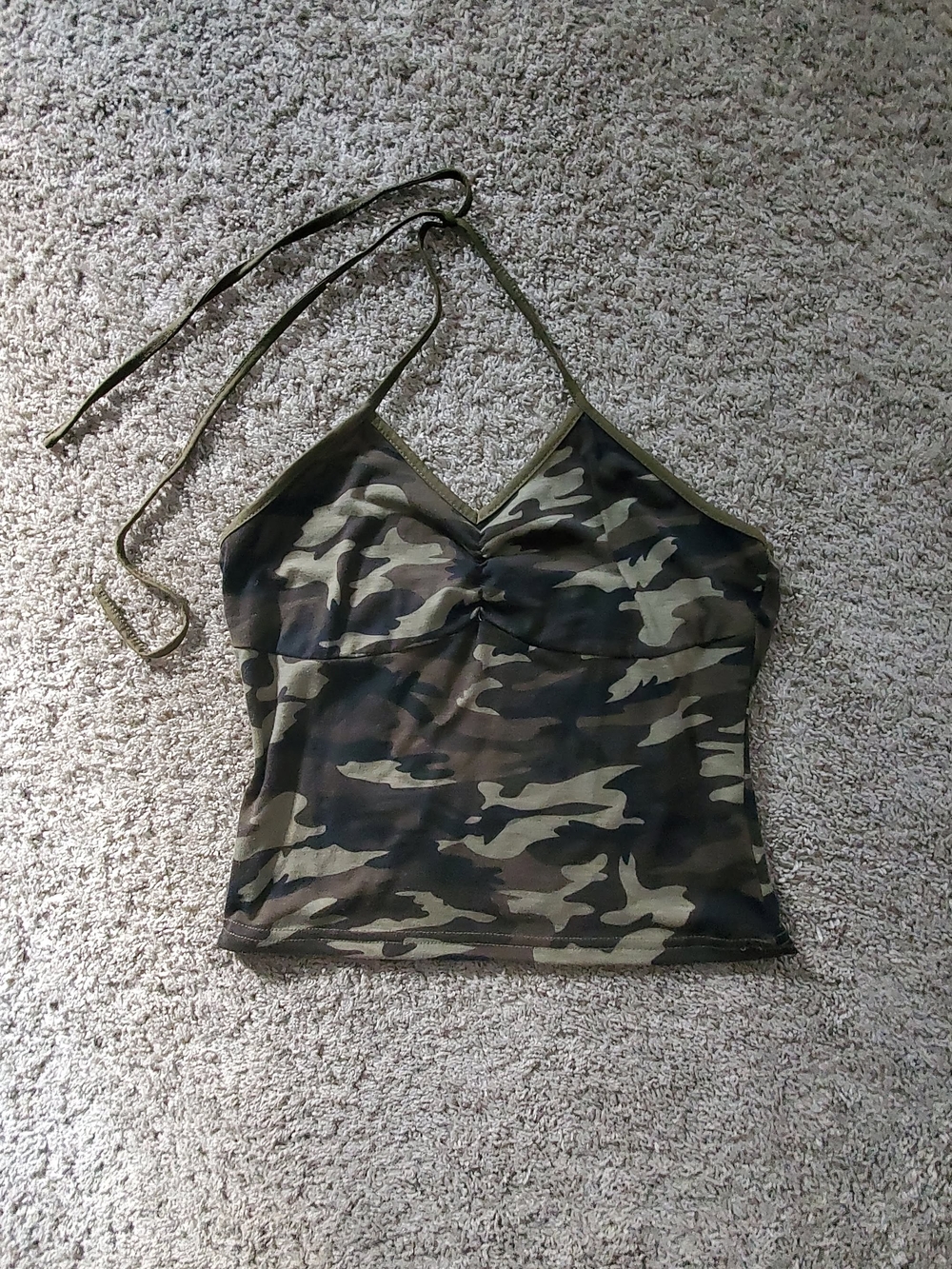 Source Unknown Olive and Brown Camo Halter Tank Top